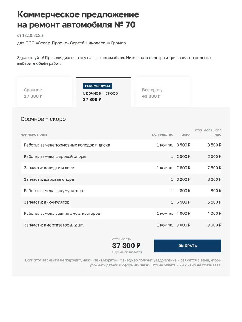 Образец коммерческого предложения автосервиса: три варианта ремонта по приоритету с работами и запчастями отдельными строками, итог и кнопка «Выбрать»