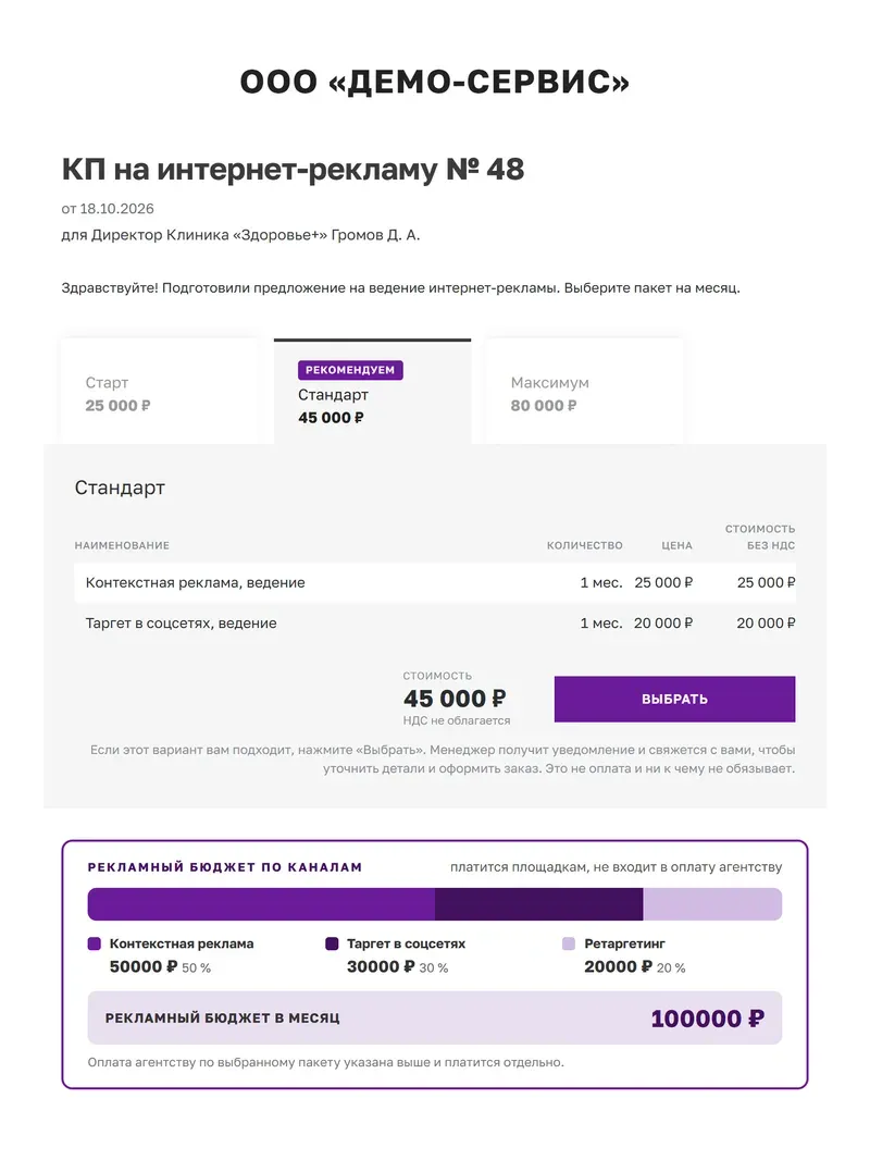 КП на интернет-рекламу, собранное из шаблона «Реклама»: три пакета на месяц и блок «Рекламный бюджет по каналам» с лентой долей и общей суммой