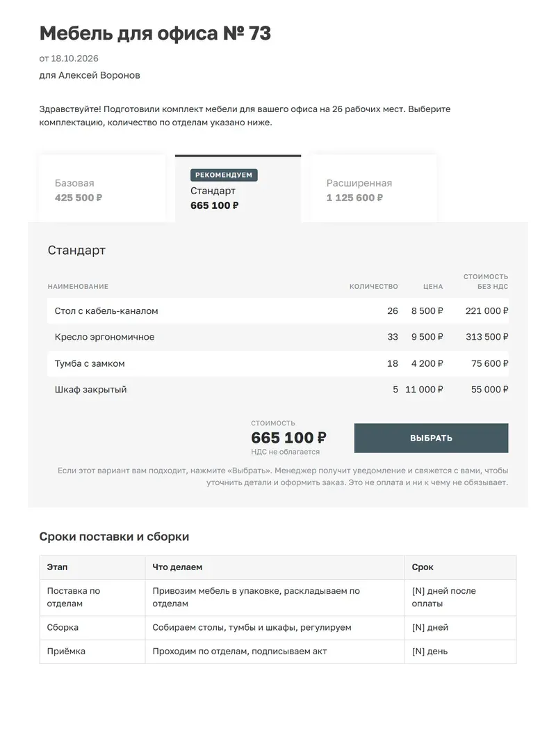 КП на поставку офисной мебели: три комплектации с количеством и ценой за штуку, таблица сроков поставки и сборки