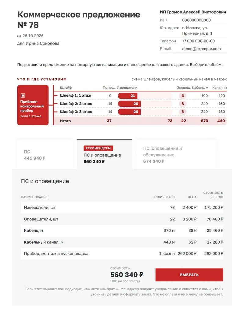 Образец коммерческого предложения на пожарную сигнализацию: реквизиты исполнителя, схема шлейфов с извещателями, оповещателями, кабелем и кабельным каналом, три варианта объёма с итогом и кнопкой «Выбрать»