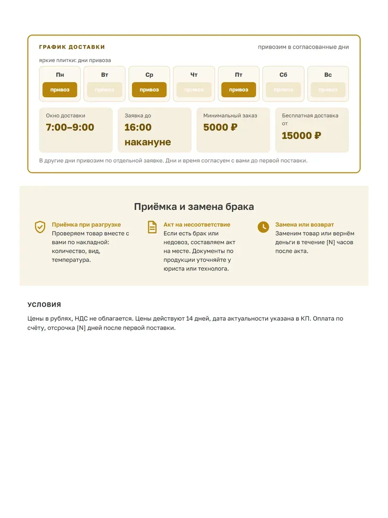 Образец КП на продукты: блок «График доставки» с плитками по дням недели, окном доставки и минимальным заказом, светлая полоса про приёмку и замену брака