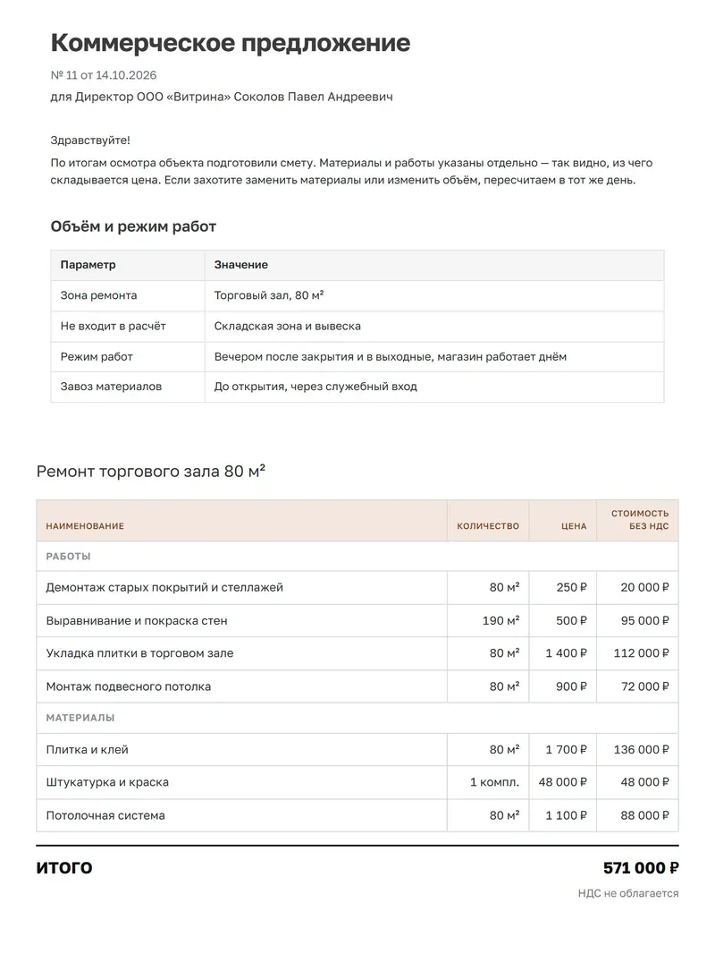 КП на ремонт магазина, собранное из шаблона «Работы»: таблица «Объём и режим работ» над сметой с разделами «Работы» и «Материалы»