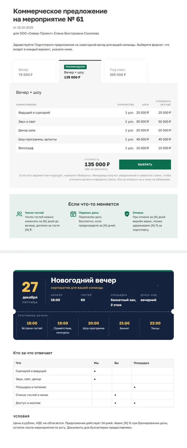 Образец коммерческого предложения на мероприятие целиком: три формата вечера, светлая полоса про изменение числа гостей, перенос и отмену, тёмная афиша-билет с датой, площадкой и программой вечера, таблица кто за что отвечает