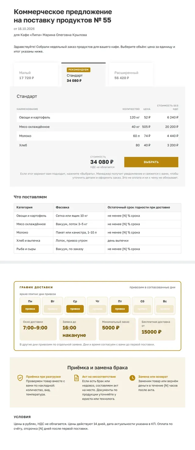 Образец коммерческого предложения на поставку продуктов целиком: три объёма недельного заказа, таблица что поставляем со сроком годности, календарь доставки по дням недели с окном и минимальным заказом, светлая полоса про приёмку и замену брака
